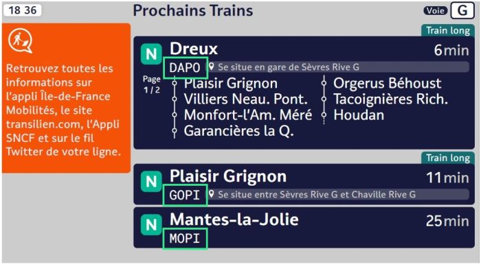 Ecran avec les codes missions