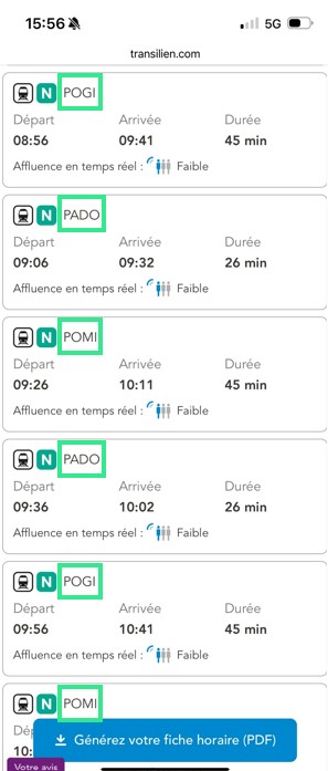 Fiche horaire du site transilien
