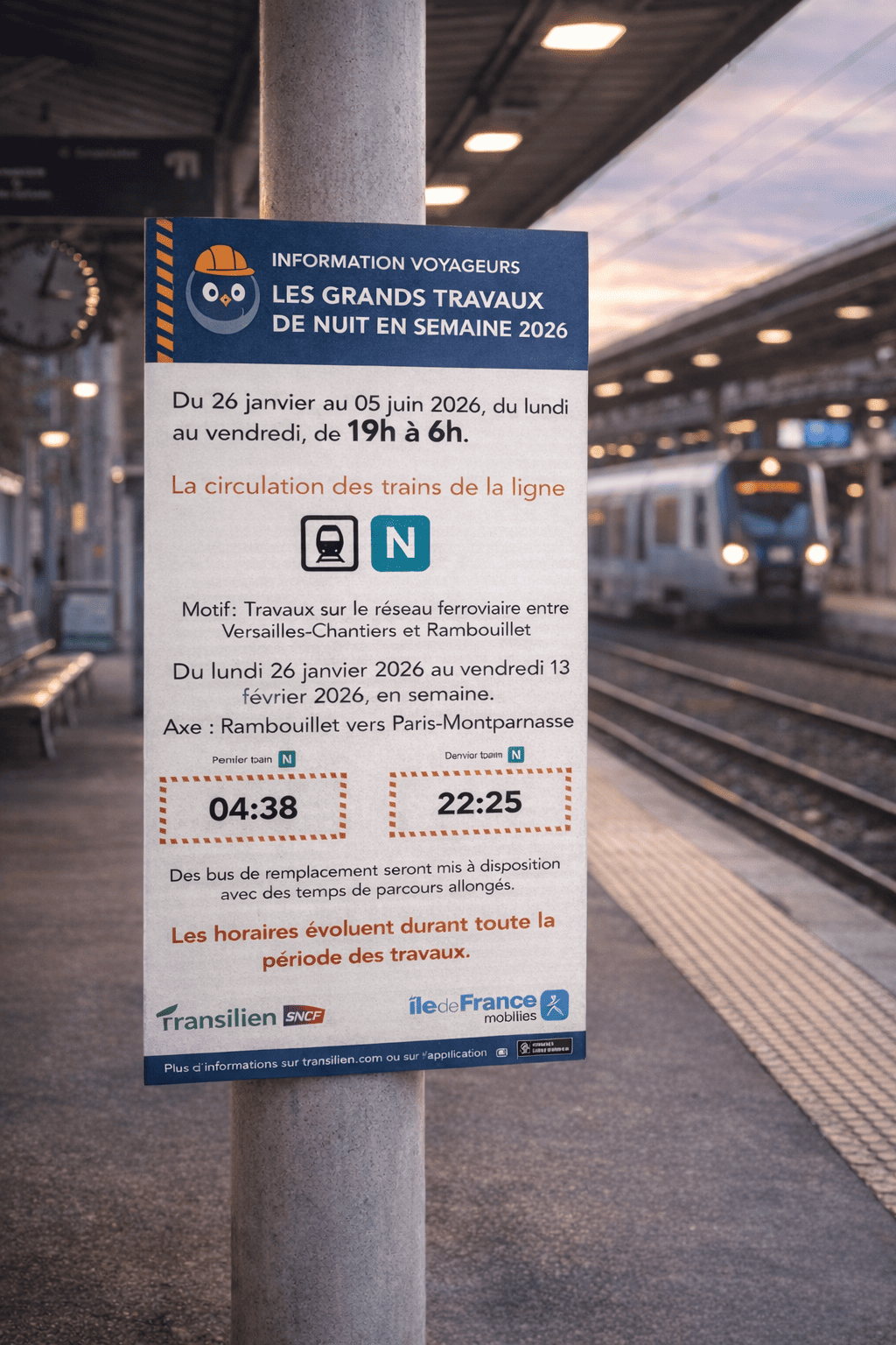 Totem indiquant les travaux de nuit pour la suite rapide zone dense