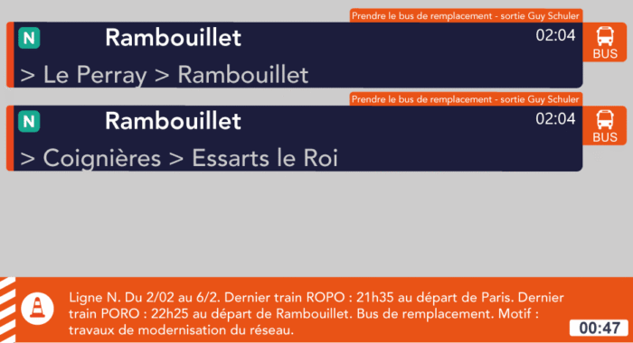 Affichage en gare Ligne N - Bus de remplacement