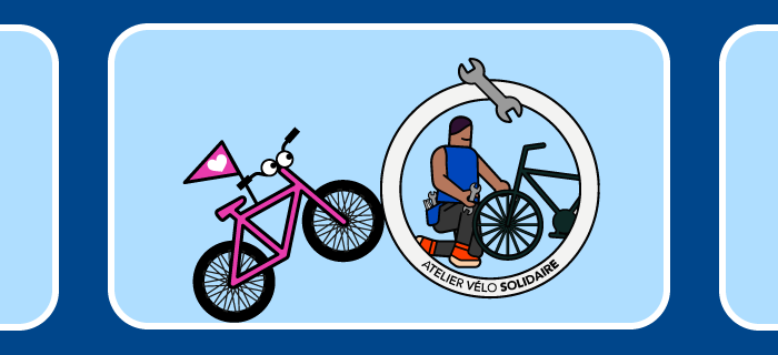 Illustration représentant un vélo rose avec un petit drapeau à l’avant et, à droite, un logo circulaire montrant une personne réparant un vélo avec une clé à molette